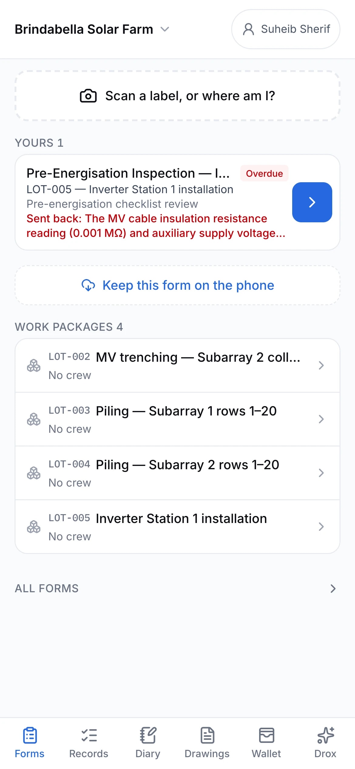 The field app's home screen on a phone: today's forms and open work packages.